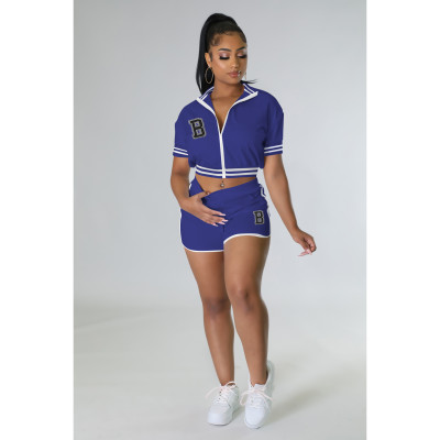 EVE B Letter Print Baseball Jacket And Short Sport Suit FOSF-8330