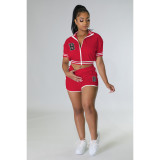 EVE B Letter Print Baseball Jacket And Short Sport Suit FOSF-8330