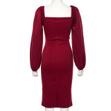 EVE Solid Color Elegant Long Sleeve Slim Midi Dress GYME-1735138