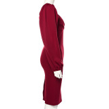 EVE Solid Color Elegant Long Sleeve Slim Midi Dress GYME-1735138