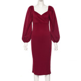 EVE Solid Color Elegant Long Sleeve Slim Midi Dress GYME-1735138