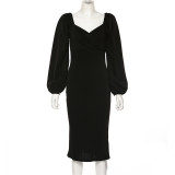 EVE Solid Color Elegant Long Sleeve Slim Midi Dress GYME-1735138