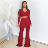 EVE Solid Color Slim Long Sleeve Flare Pants Suit DDF-8040