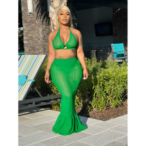 EVE Plus Size Solid Halter Bra And Mermaid Skirt Two Piece Set YIY-8108