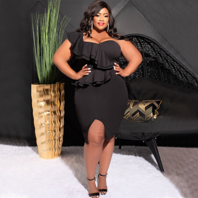 EVE Plus Size Ruffles Single Shoulder Split Dress NNWF-7783