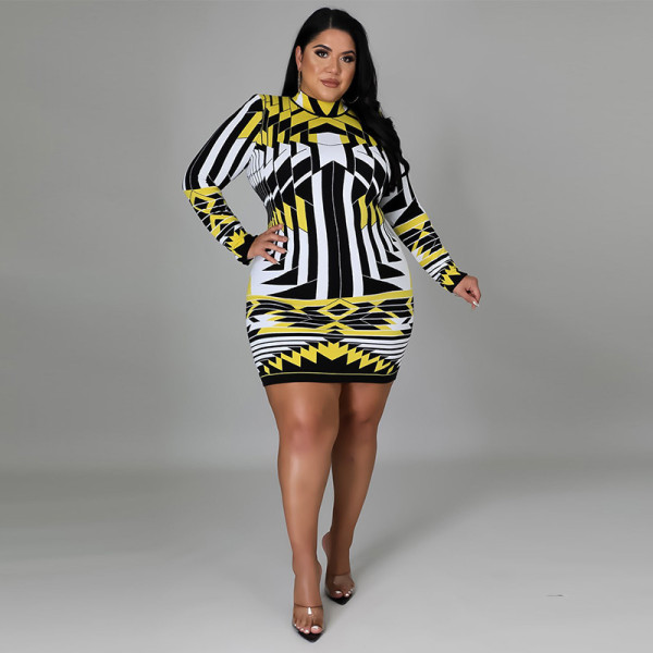 Plus Size Printed Long Sleeve Mini Dress NNWF-3173