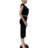 EVE Solid Sleeveless Crop Top Long Skirt 2 Piece Sets WAF-77452