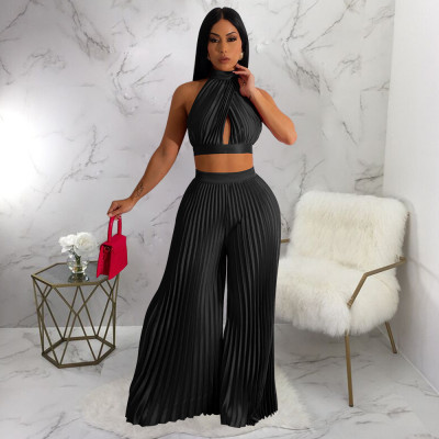 EVE Solid Halter Crop Tops And Wide Leg Pant 2 Piece Set YF-10410