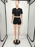 EVE Letter Print Solid Zipper Top Shorts Sports Casual 2 Piece Set XMF-238