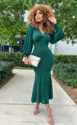 EVE Elegant Solid Long Sleeve Maxi Dress XHXF-343