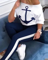 EVE Ship Anchor Print Short Sleeve Pants Two Piece Set OUQF-A081