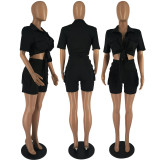 EVE Solid Color Short Sleeve Shirt And Shorts Two Piece Set FOSF-8328