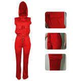 EVE Solid Color Zipper Hooded Sleeveless Top Pants Suit YIY-5357