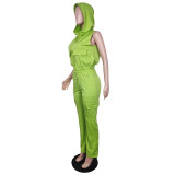 EVE Solid Color Zipper Hooded Sleeveless Top Pants Suit YIY-5357