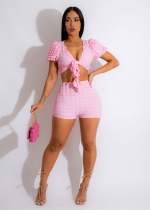 EVE Casual Low-cut Tie Up Top Shorts Two Piece Set QXTF-8146