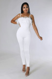 EVE Solid Color Zipper Sling Feather Jumpsuit MZ-0258