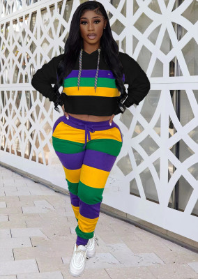 EVE Casual Sports Striped Print Hooded And Pants Two Piece Set JCF-7086