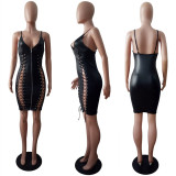 EVE Sexy Slim Sling Bandage Leather Midi Dress LSL-6103