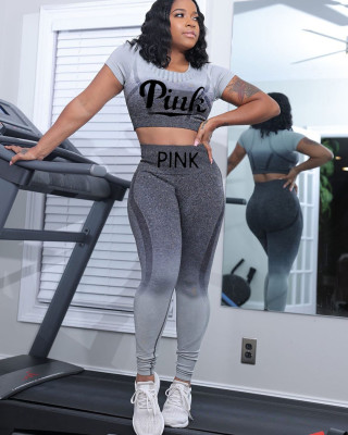 EVE Sports Casual PINK Letter Print Short Sleeve Pants Two Piece Set XYMF-8124