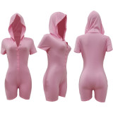 EVE Casual Solid Single Breasted Hooded Rompers JRF-279