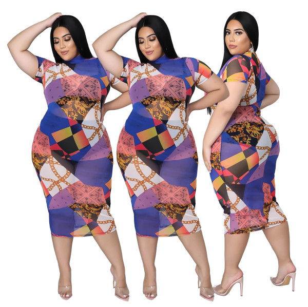 EVE Plus Size Fashion Printed Sexy Mesh Dress BYMF-60862