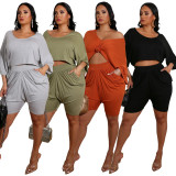 EVE Solid Color Ruched Half Sleeve Shorts 2 Piece Set WY-86688