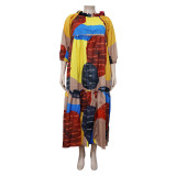 EVE Plus Size Retro Color Block Print Big Swing Maxi Dress NNWF-3044