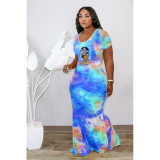 EVE Plus Size Tie Dye Print Short Sleeve Mermaid Dress YFS-10314