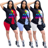 EVE Fashion Print Color Block Short Sleeve Shorts Two Piece Set OM-1575