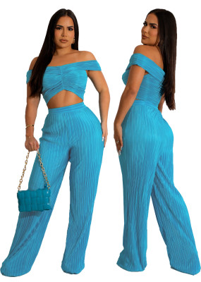 EVE Sexy Solid One Shoulder Wide Leg Pants Two Piece Set MX-8231