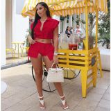 EVE Button Lapel Sleeveless Top And Shorts Two Piece Sets IV-8380