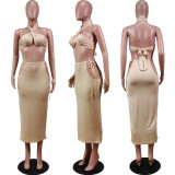 EVE Sexy Solid Halter Top Hollow Long Skirt Two Piece Set WY-86774