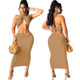 EVE Fashion Sexy Solid Color Halter Top Long Skirt Two Piece Set WY-86784