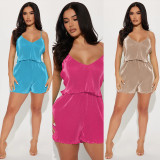 EVE Solid Color Sling Tops And Shorts Two Piece Set YD-8696
