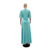EVE Chiffon Split V-neck Solid Color Long Dress GYLY-9952