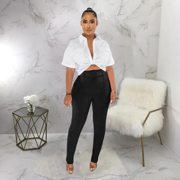EVE Short Sleeve Shirt Pants Contrast Color 2 Piece Set (With Waist Belt) YF-10447