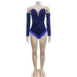 EVE Sexy Wrap Chest Sequin Feather Bodysuit BY-6225