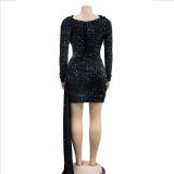 EVE Solid Sequin Cape Long Sleeve Mini Dress BY-6231