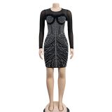 EVE Mesh Feather Hot Drill Mini Dress BY-6215