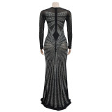 EVE Mesh See Through Hot Drill Maxi Dress BY-6198