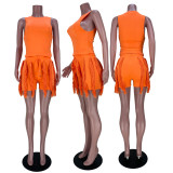EVE Solid Color Vest Drawstring Shorts Tassel 2 Piece Set MAE-2165