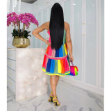 EVE Rainbow Striped Color Blocking Sling Dress YIS-D950