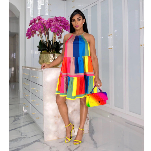 EVE Rainbow Striped Color Blocking Sling Dress YIS-D950