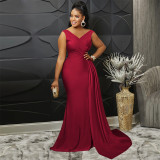 EVE Sexy V Neck Ruched Evening Dress SH-390485