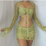 EVE Sexy Sequin Knits Long Sleeve Three Piece Set GCNF-0214