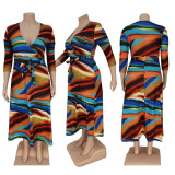 EVE Plus Size Print V Neck Waist Belt Long Dress YIDF-81362