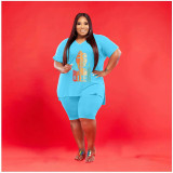 EVE Plus Size V Neck Print Loose Two Piece Shorts Set WAF-7143226