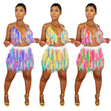 EVE See-through Knitted Tassel Multicolor Beach Skirt Set YMEF-5155