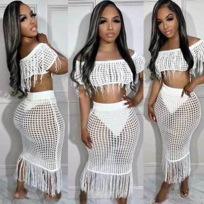 EVE See Through Knit Tassel Two Piece Skirts Set NYF-8142