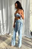 EVE Sexy Tie Up Bra And Holes Jeans Two Piece Set LX-5529